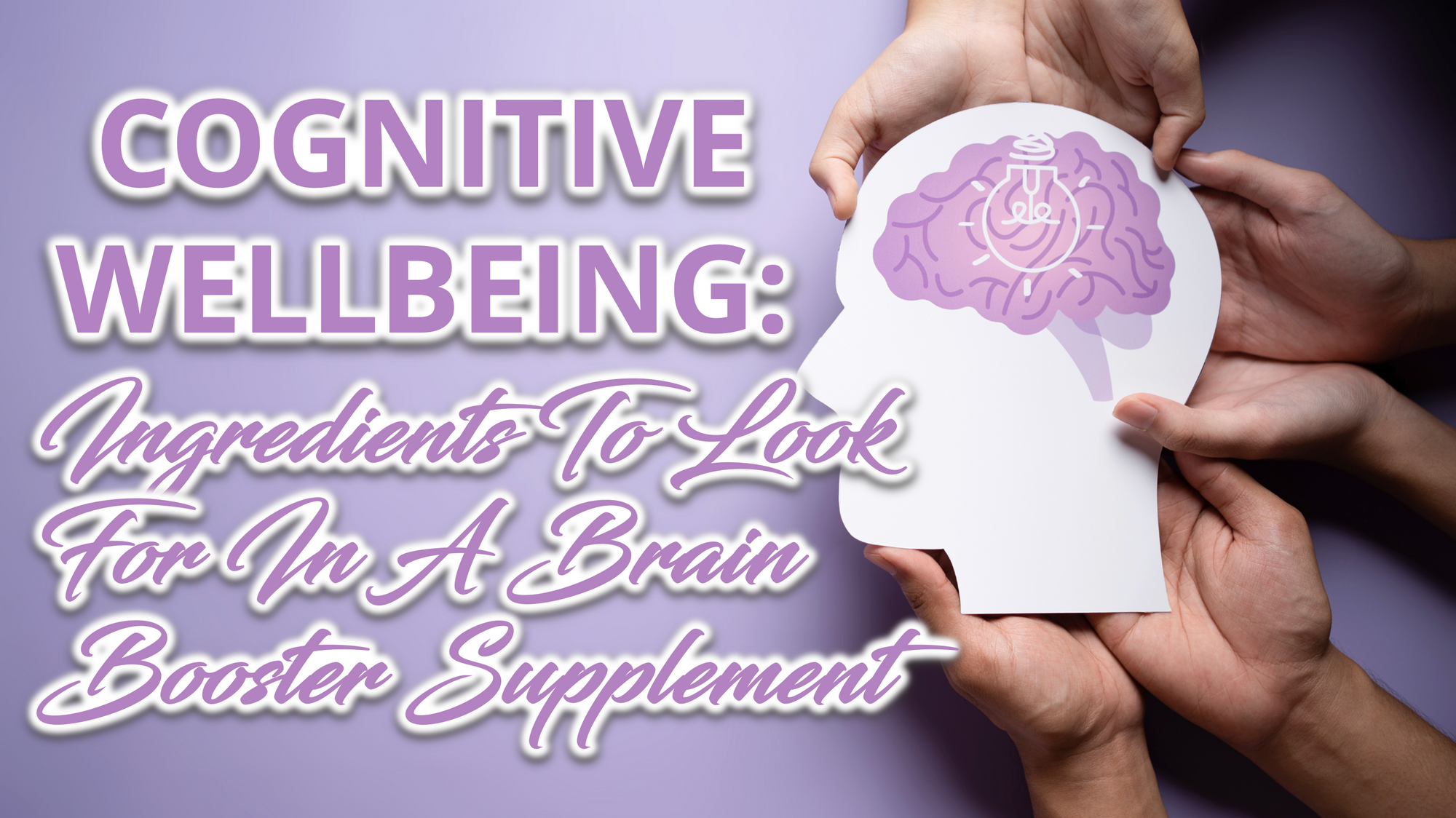Hands holding a purple brain with the text Cognitive Wellbeing: Ingredients To Look For In A Brain Booster Supplement