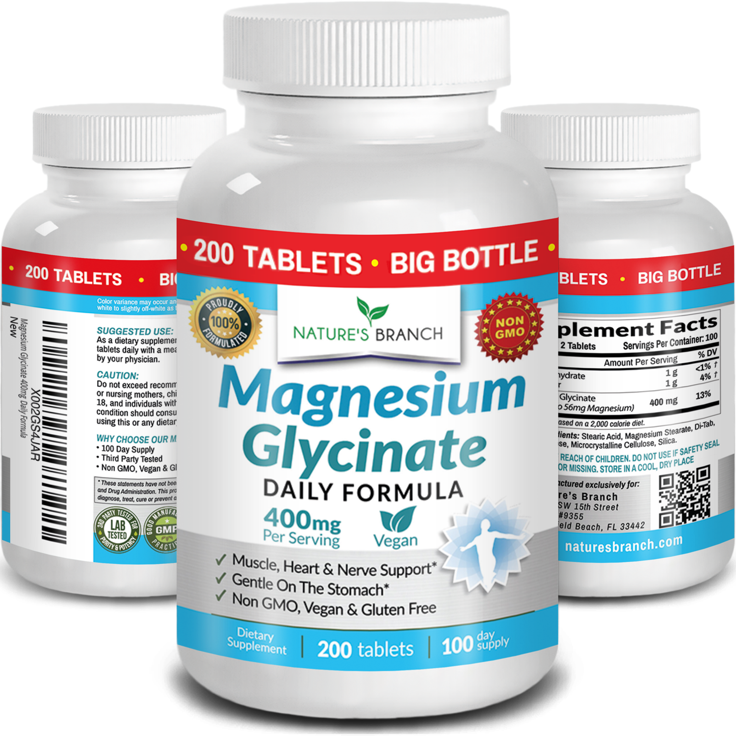 Bottle of Nature's Branch Magnesium Glycinate supplement with label details on a white background