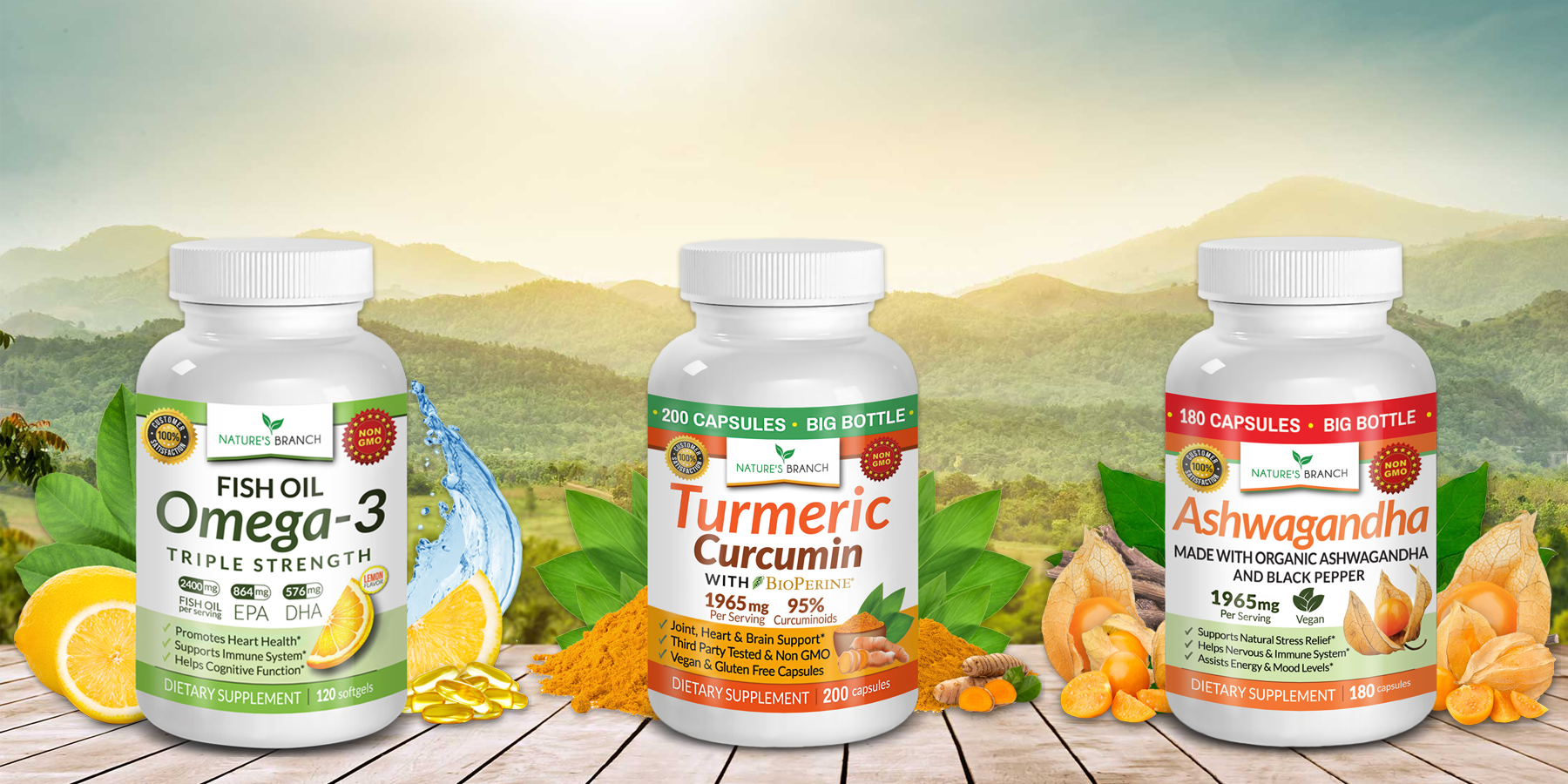 Nature's Branch Omega 3 Fish Oil Turmeric Curcumin and Ashwagandha supplement bottles on a wood table