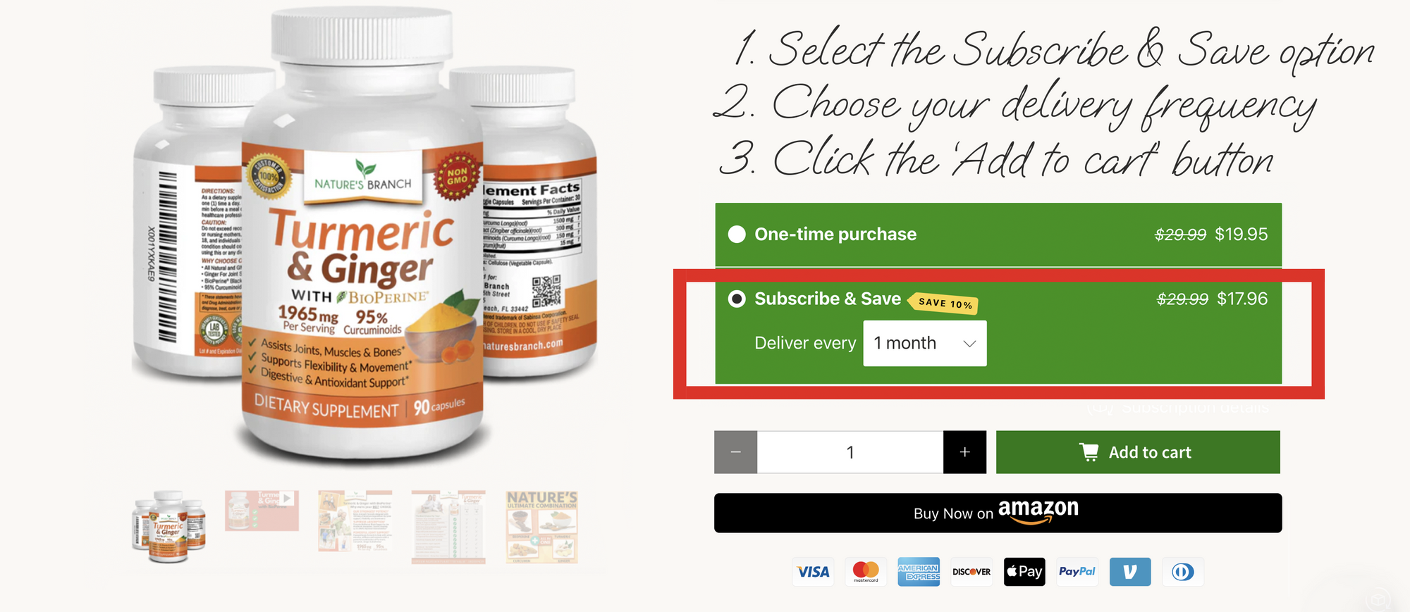 Tutorial showing how Nature's Branch customers can apply for the Subscribe and Save program by selecting a supplement on their website
