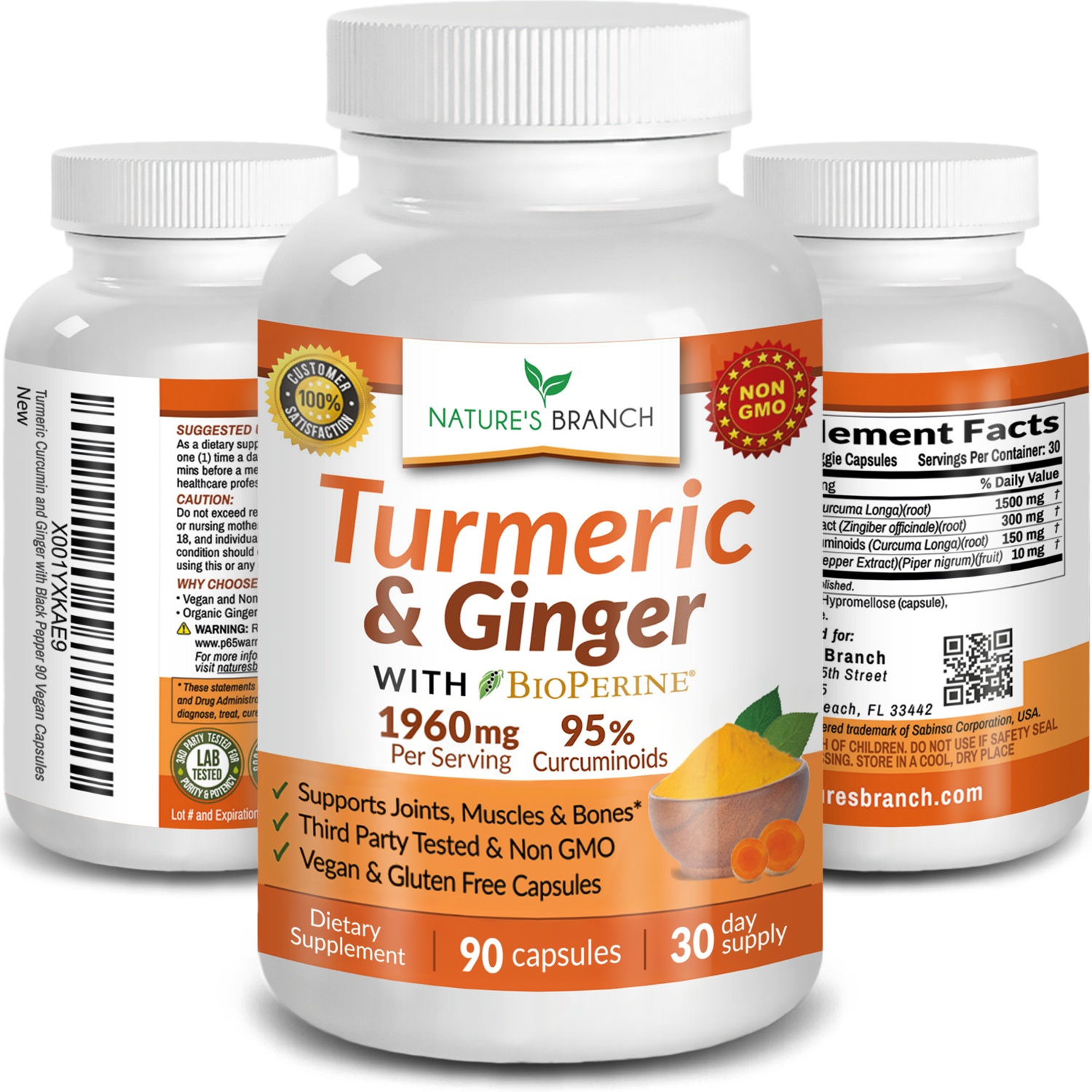 Nature's Branch Turmeric and Ginger with BioPerine supplement bottle for joint support
