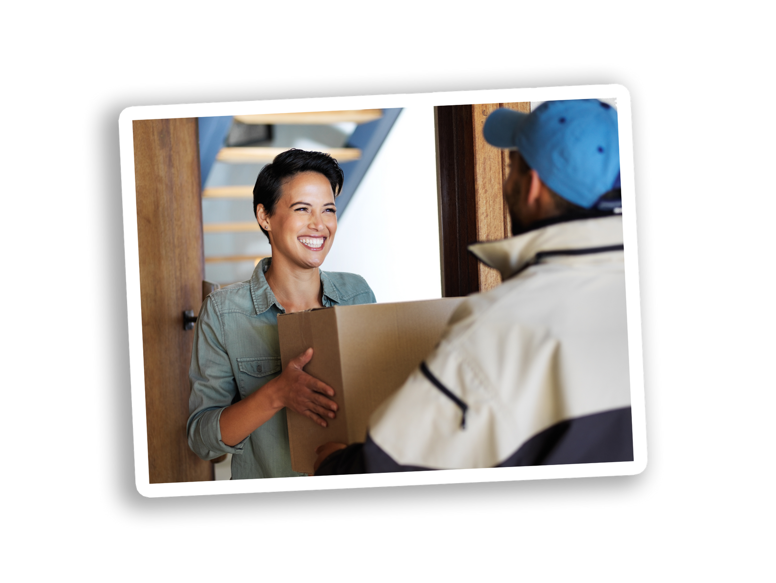 Woman smiling and accepting a large subscribe and save package from a delivery man