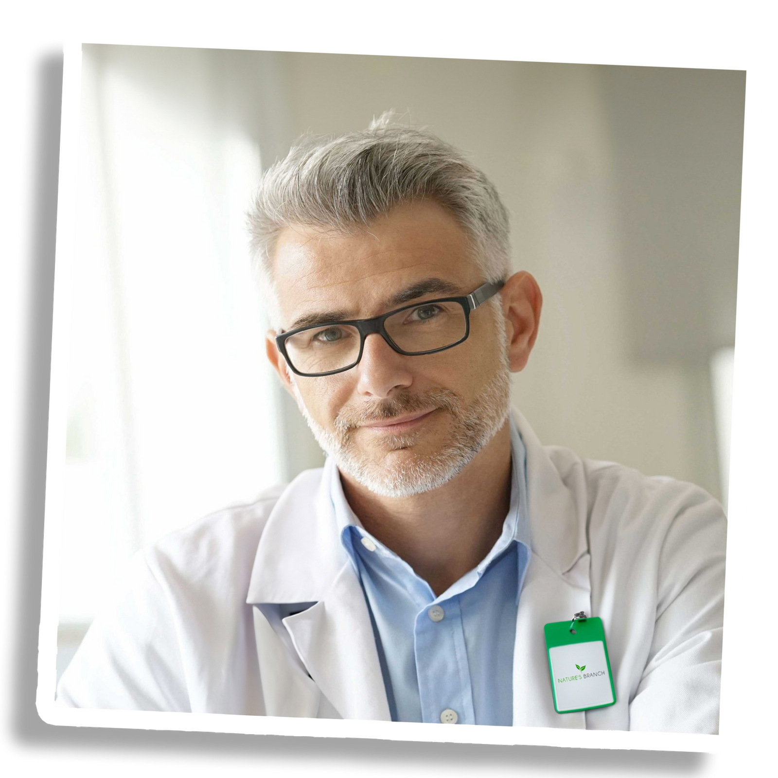 A nutritional doctor with an identification card showing the Nature's Branch logo