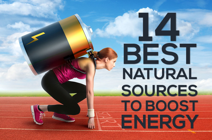 A photo of a girl in a running track field with a battery graphic as her pack pack with a text image that says "14 Best Natural Sources to Boost Energy"