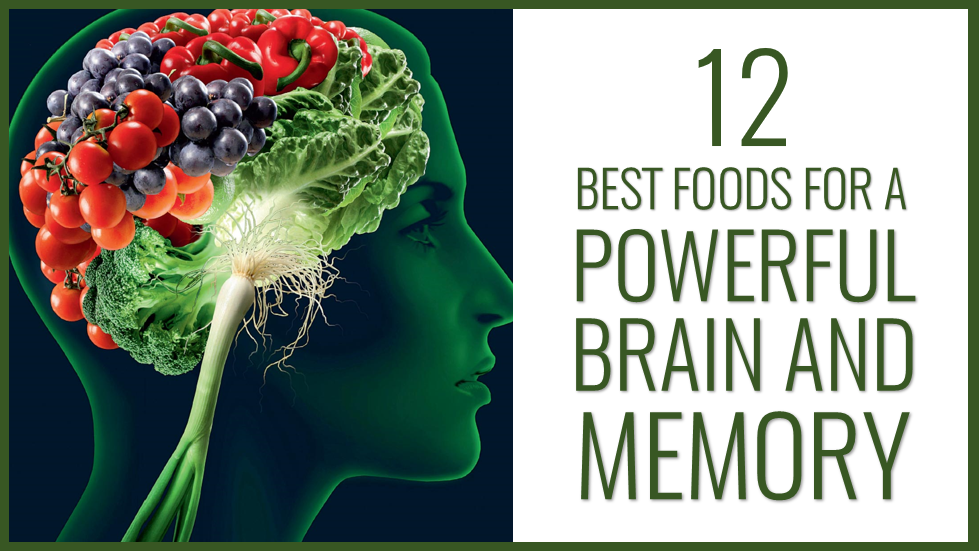 an illustration graphics of a human head and a vegetable formed brain and a text that says "12 best foods for a powerful brain and memmory"