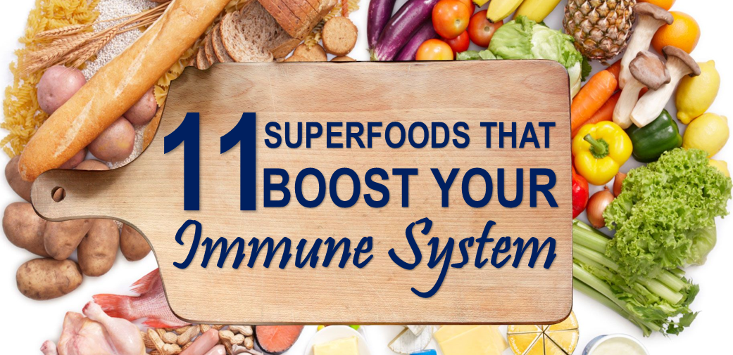 A flat lay of different fruits and vegtables, a wooden chopping board and a text that says "11 superfoods that boost your immune system"