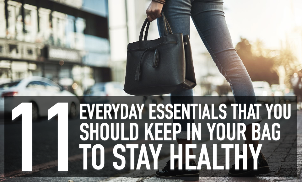 A man, half body, holding a bag with a text image "11 everyday essentials that you should keep your bag to stay healthy"