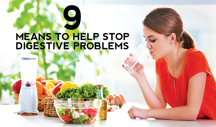 A girl drinking water with some vegtables placed on a table and Text that says "9 means to help stop digestive problems"