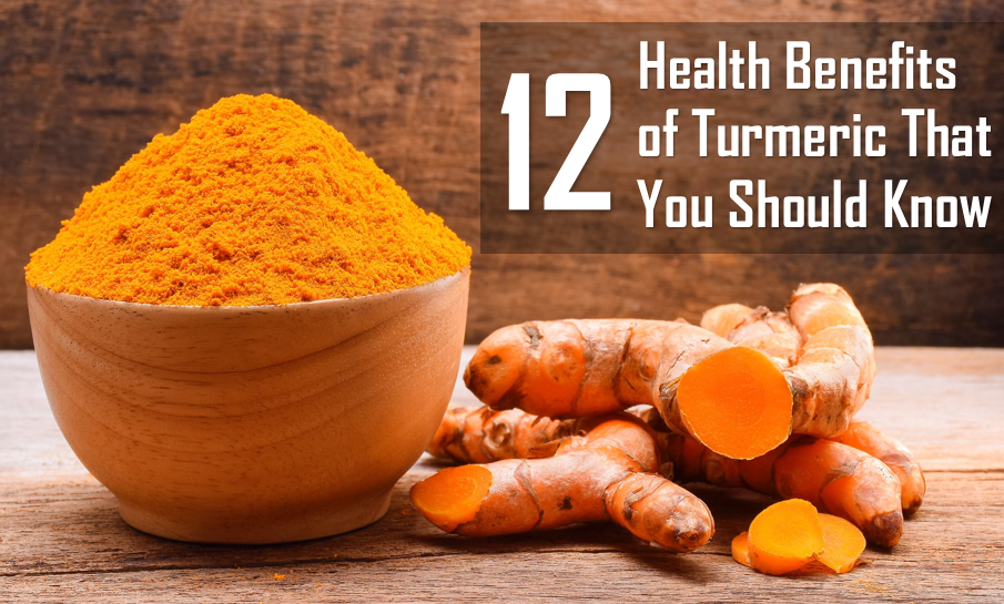 Powdered turmeric in a bowl and turmeric crop with a text image "12 Health benefits of Turmeric That You Should Know"