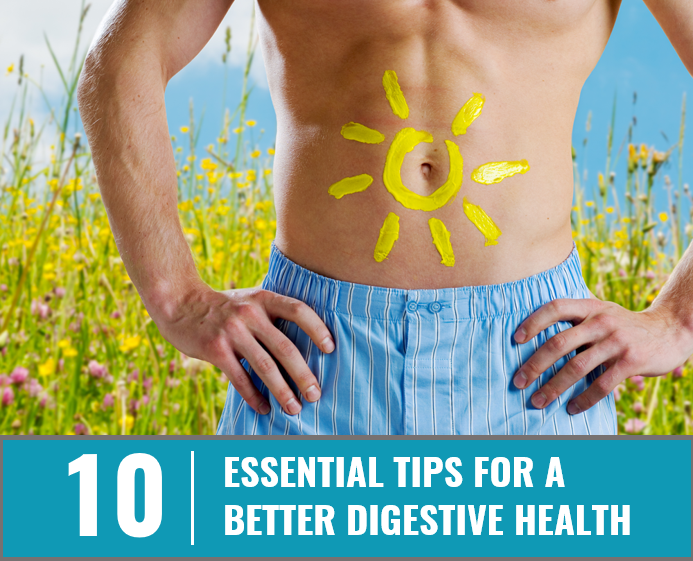 A man with his hands on his waist with a flowery field background and a text that says "10 essential tips for a better digestive health"