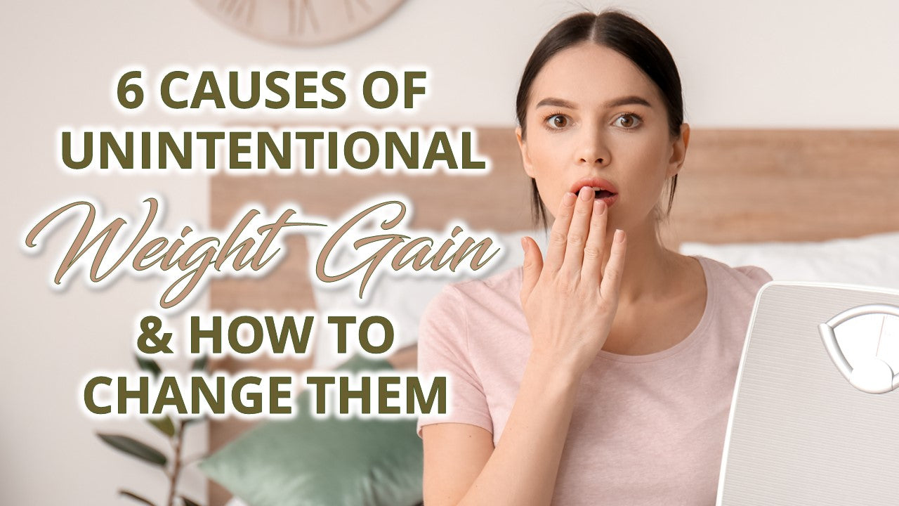 a person with her hand to her mouth and holding a weighing scale with a text 6 causes of unintentional weight gain & how to change them