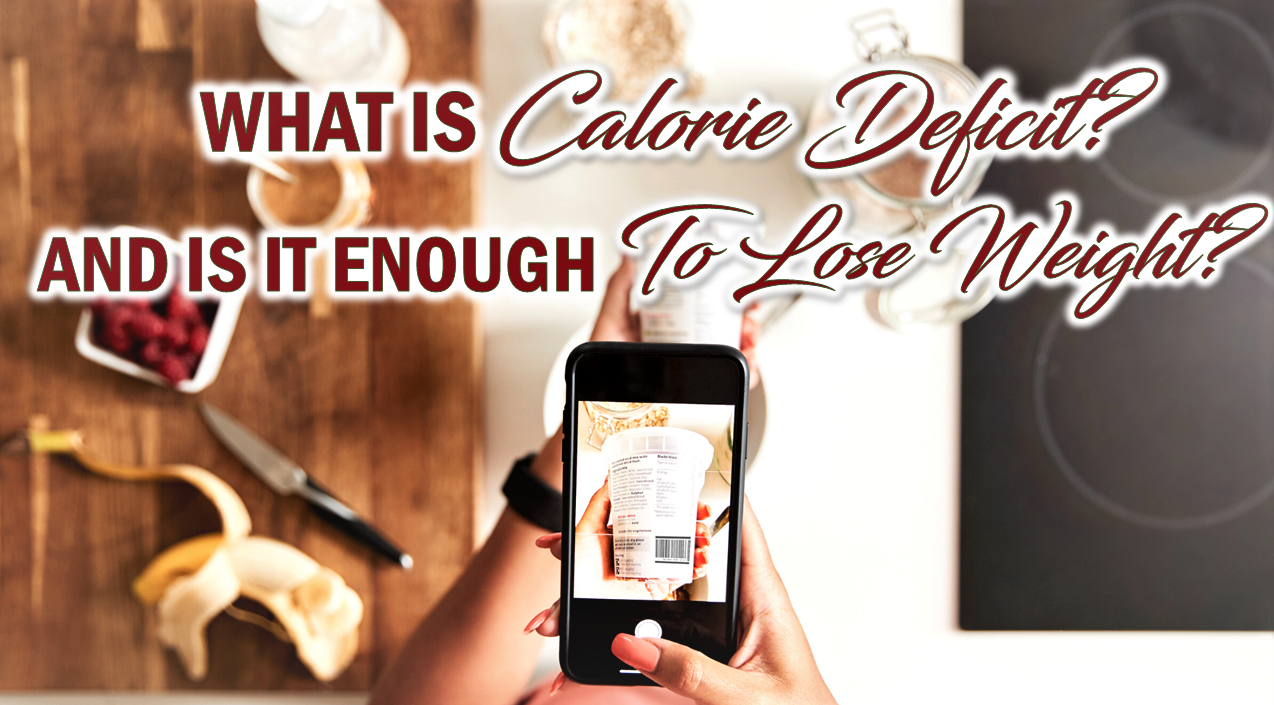 a person holding a phone taking a photo of  a supplement bottle with a text What is Calorie Deficit? and is it enough to lose weight?