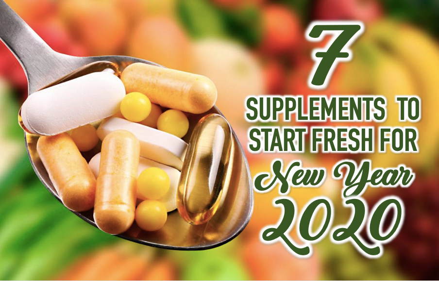 Different types of supplement capsules and pills in a spoon with a text 7 supplements to start fresh for your new year 2020