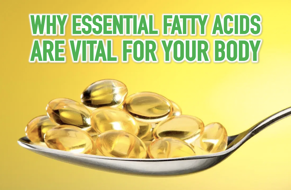 A close up of Omega 3 fish oil capsules placed in a spoon with bright yellow background and a text that says "why essential fatty acids are vital for your body"