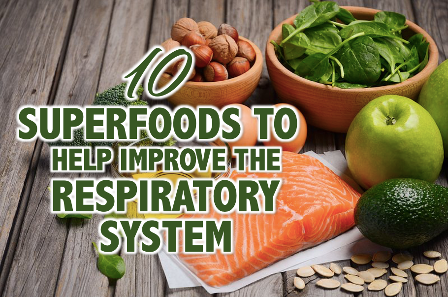 Fish and Vegetables with a text 10 Superfoods to help improve the respiratory system
