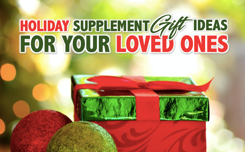 Gift box with Christmas Ornament in a blurry christmas background and a text "Holiday Supplement Gift Ideas for your loved ones"