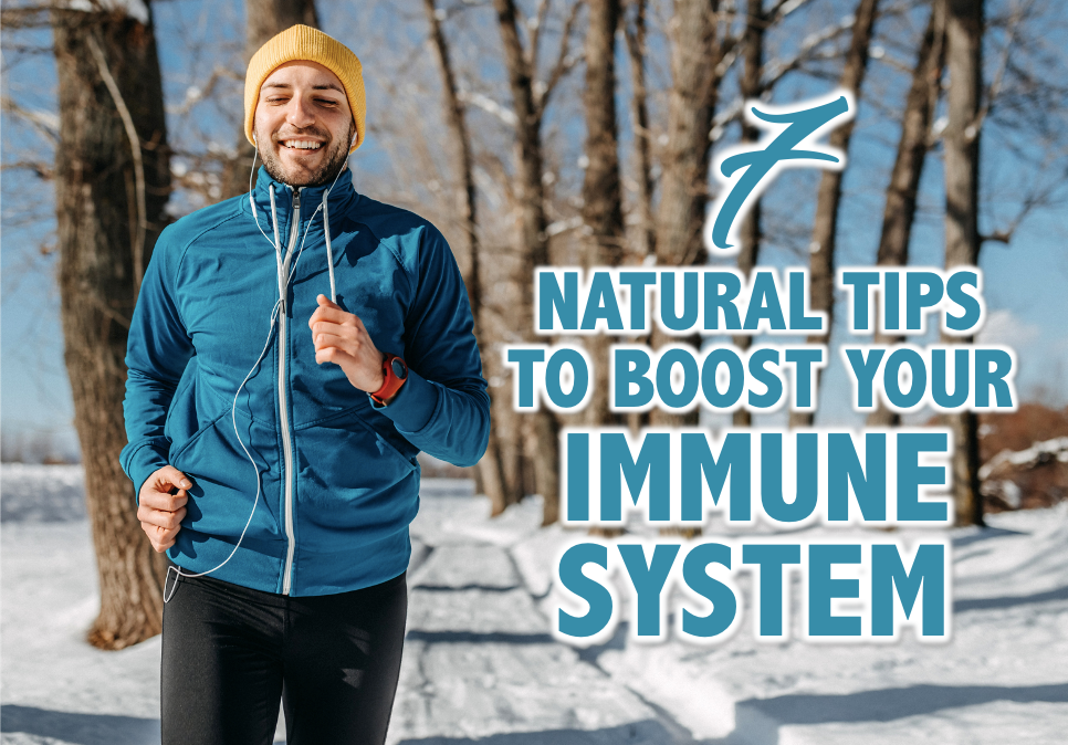 a person running wearing a blue jacket and yellow hat with a text 7 natural tips to boost your immune system