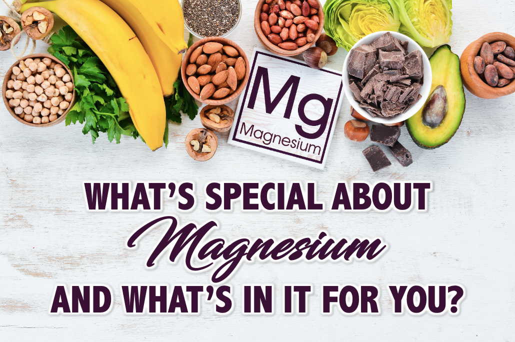 A magnesium card with different food such as banana, nuts chocolate, avocado and beans, with a text What's special about magnesium and what's in it for you?