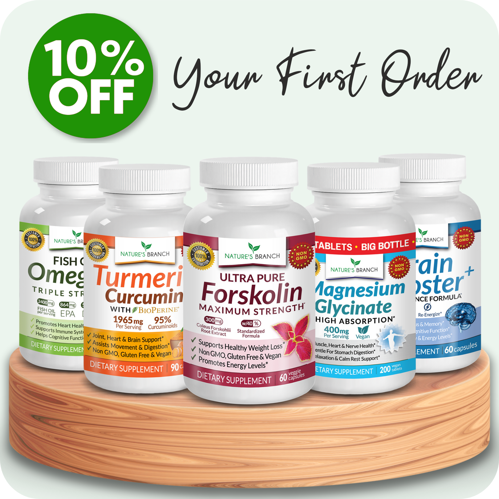 Nature's Branch nutritional supplement bottles on a platform showing 10% off your first purchase offer