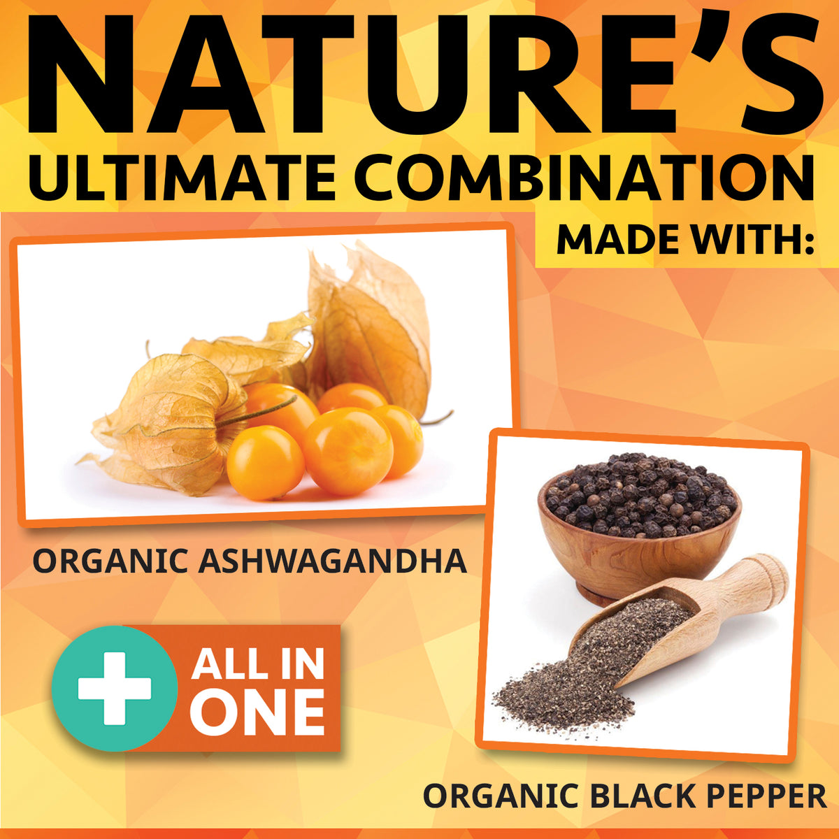 A combination of organic ashwagandha and organic black pepper