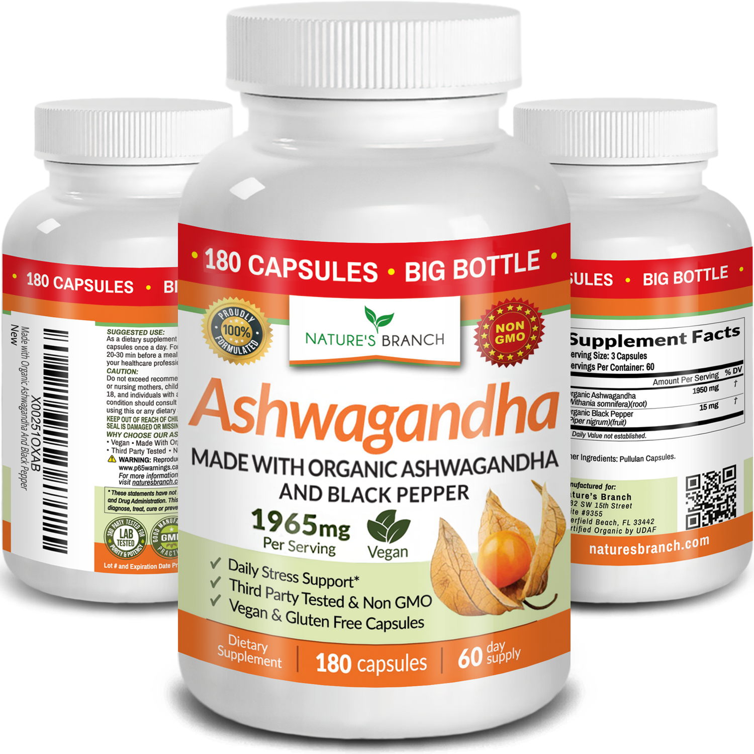 Three bottles of Nature's Branch Ashwagandha supplement on a white background