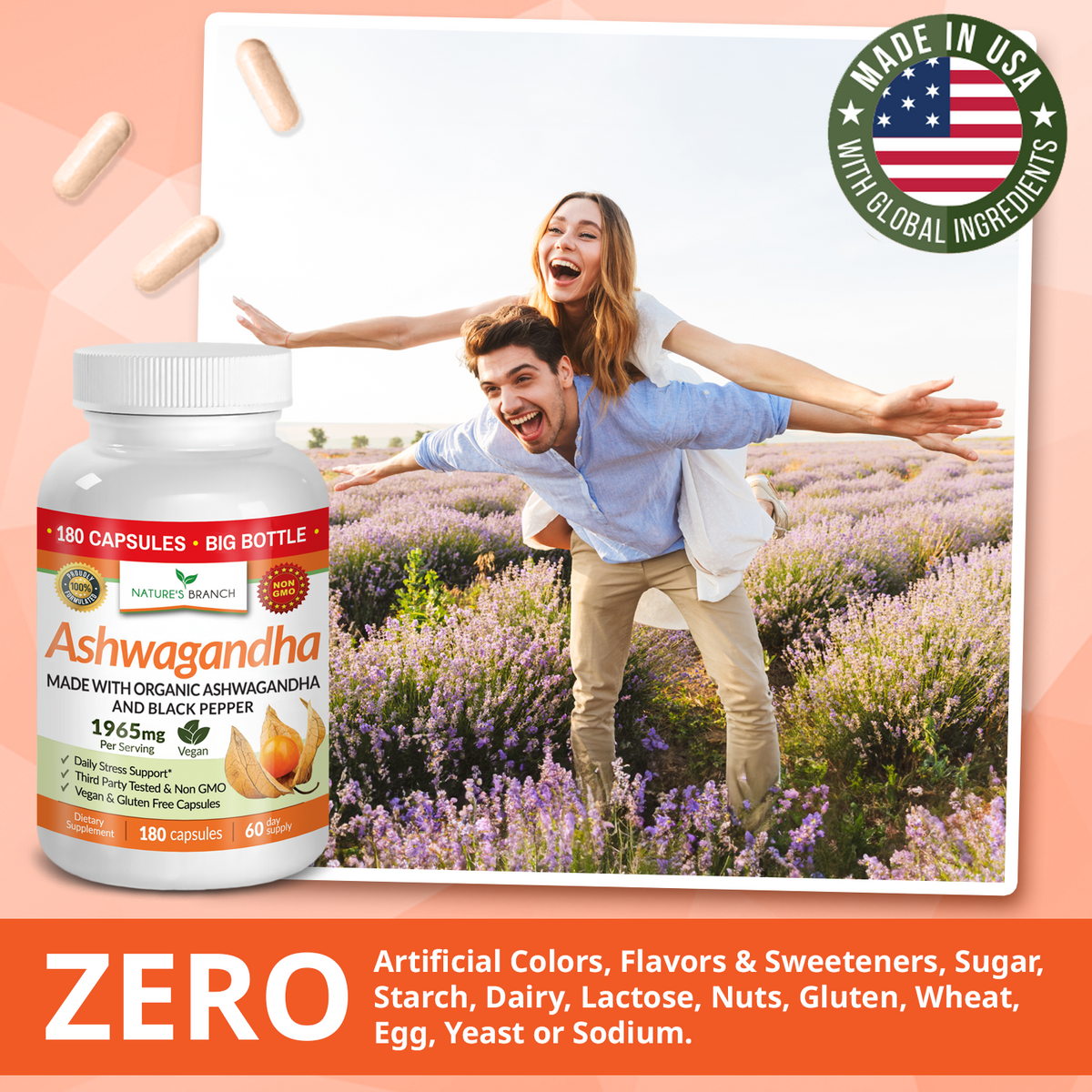 Ashwagandha supplement bottle with a couple in a field on a peach background
