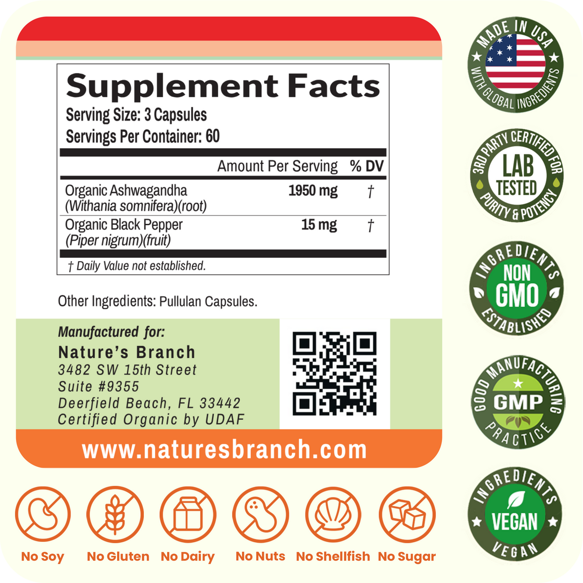 Supplement Facts panel for Nature's Branch Organic Ashwagandha