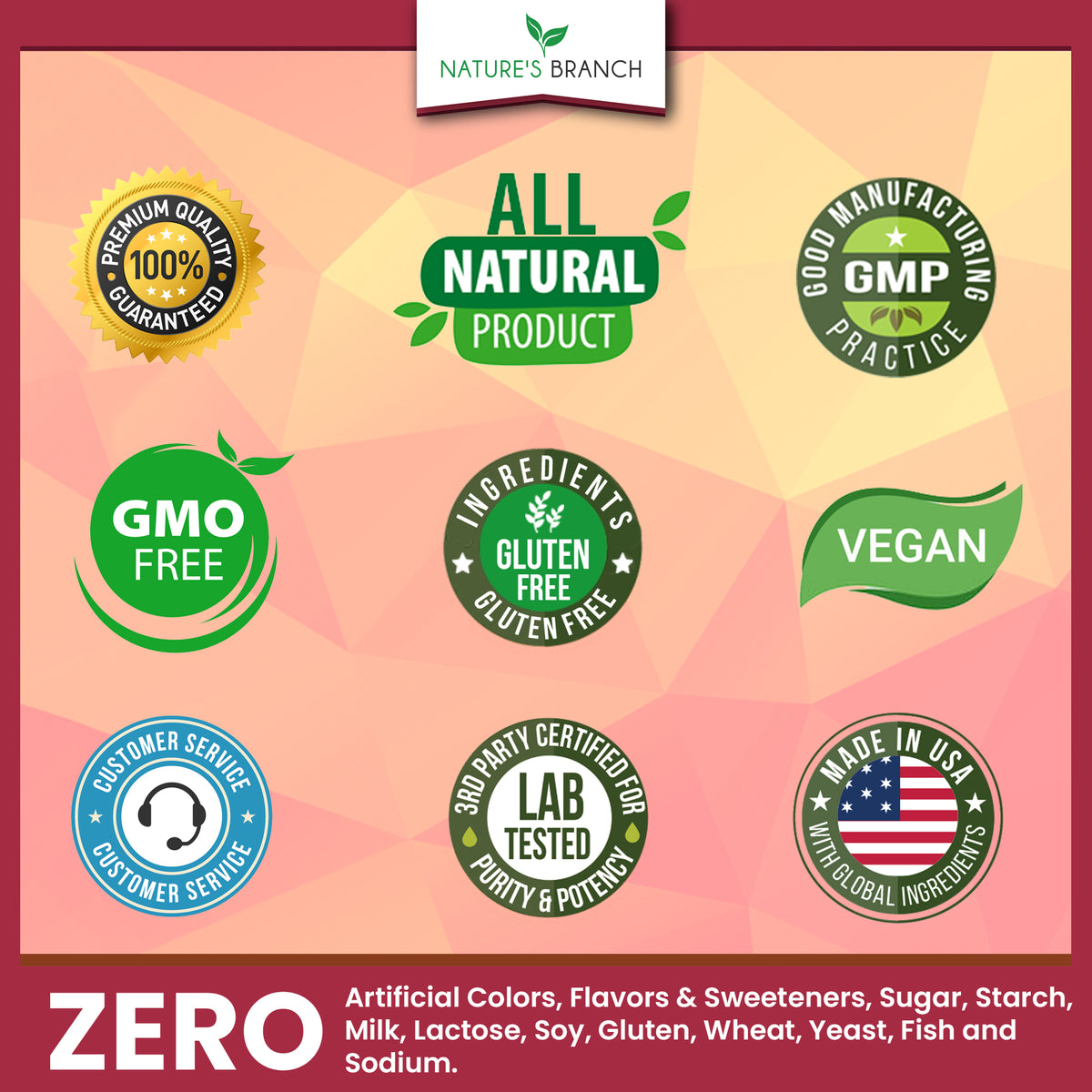 Certification badges shwoing vegan made in usa third party tested and non gmo