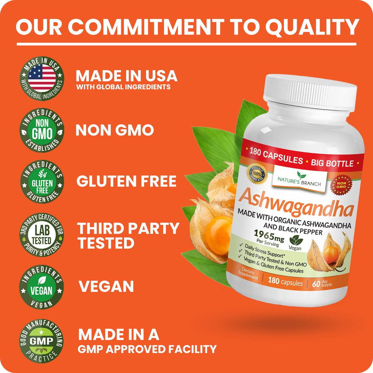 Bottle of Ashwagandha supplement with quality commitment text on an orange background