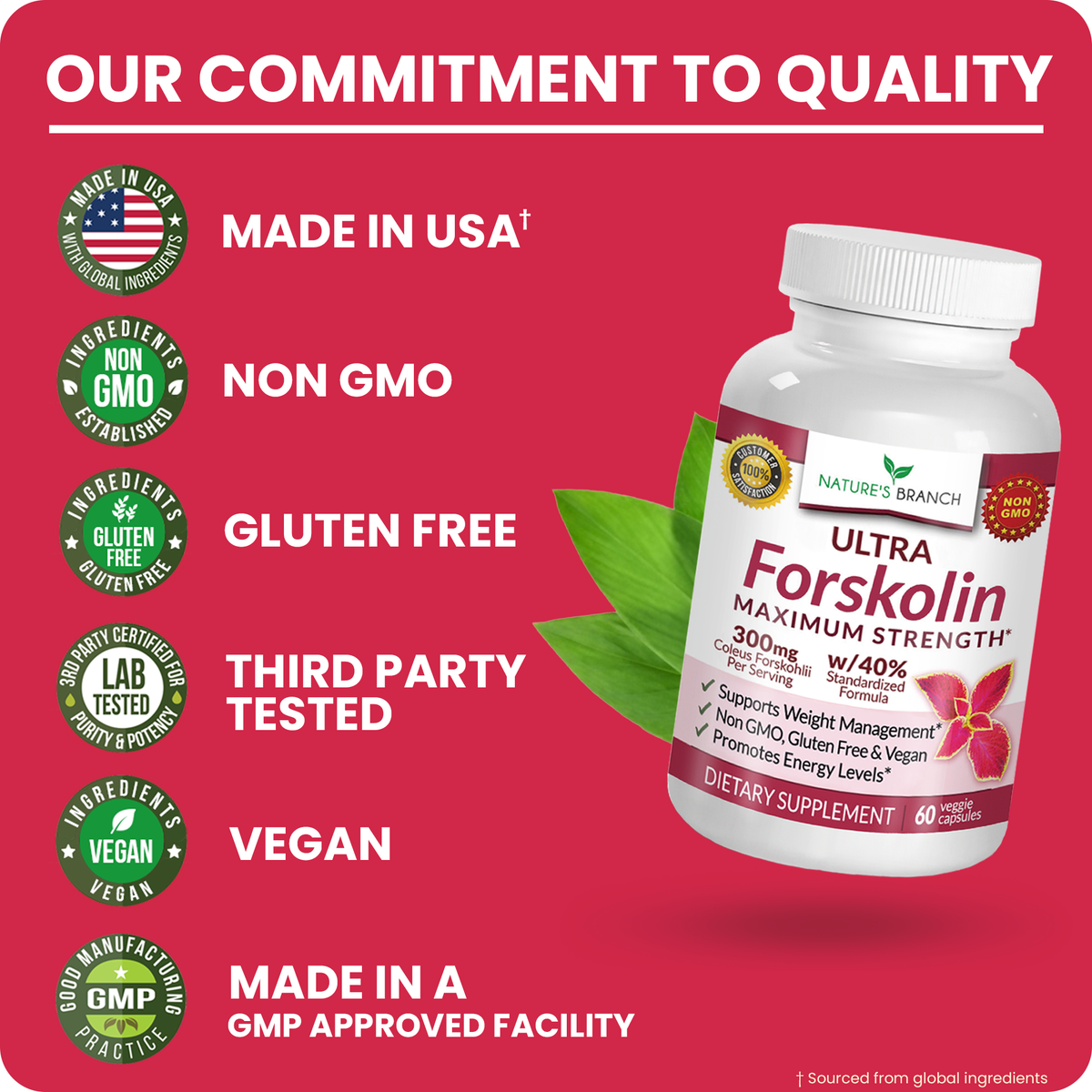 Supplement bottle with quality commitment text on a red background