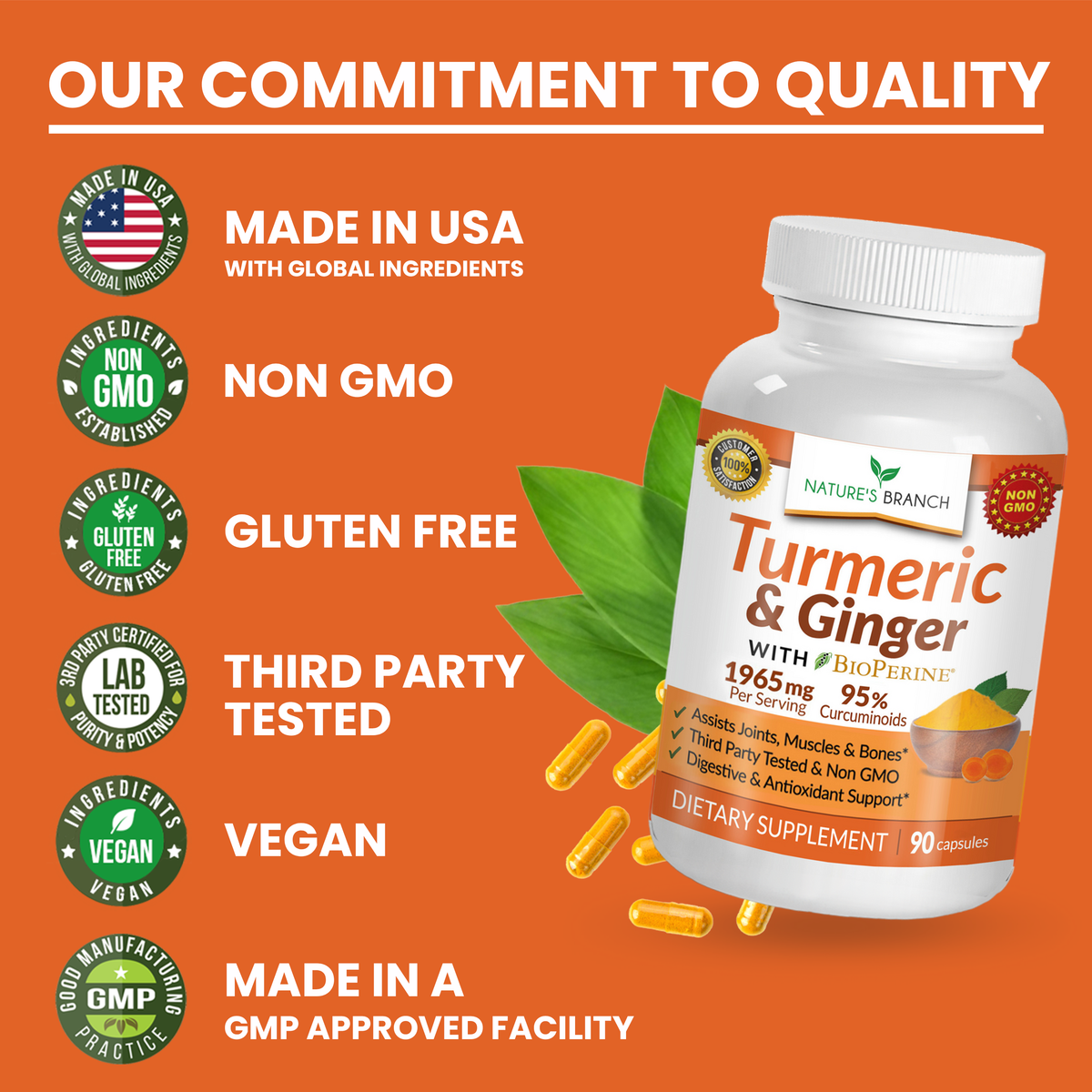 Nature&#39;s Branch Turmeric and Ginger with BioPerine supplement certifications including made in the USA and third party tested badges