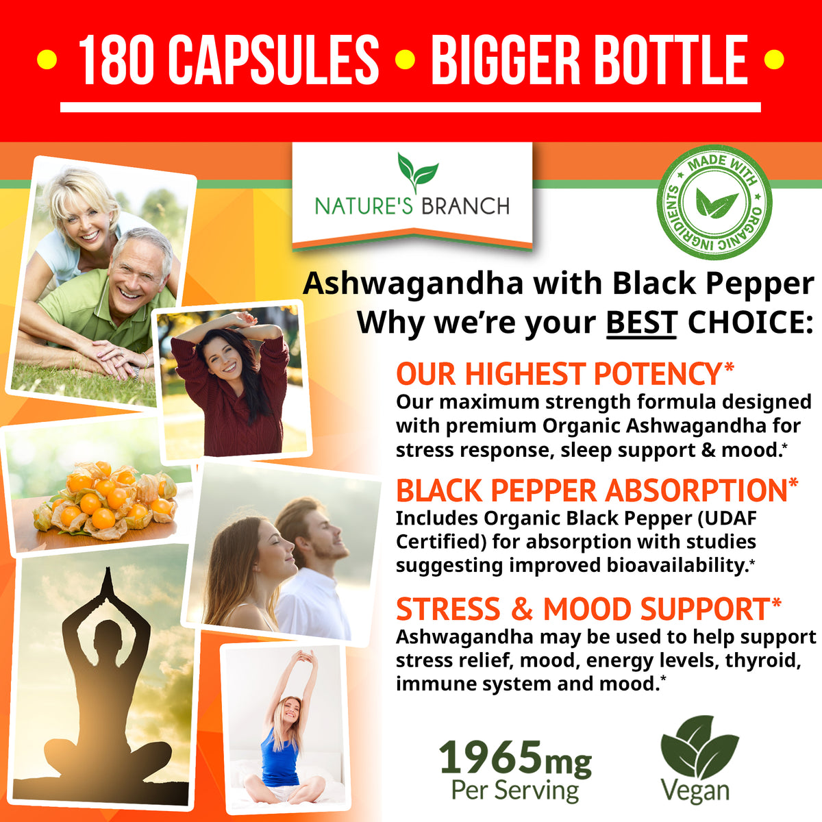 Nature&#39;s Branch Organic Ashwagandha and Black Pepper benefits showing 180 capsules, the strength and stress support