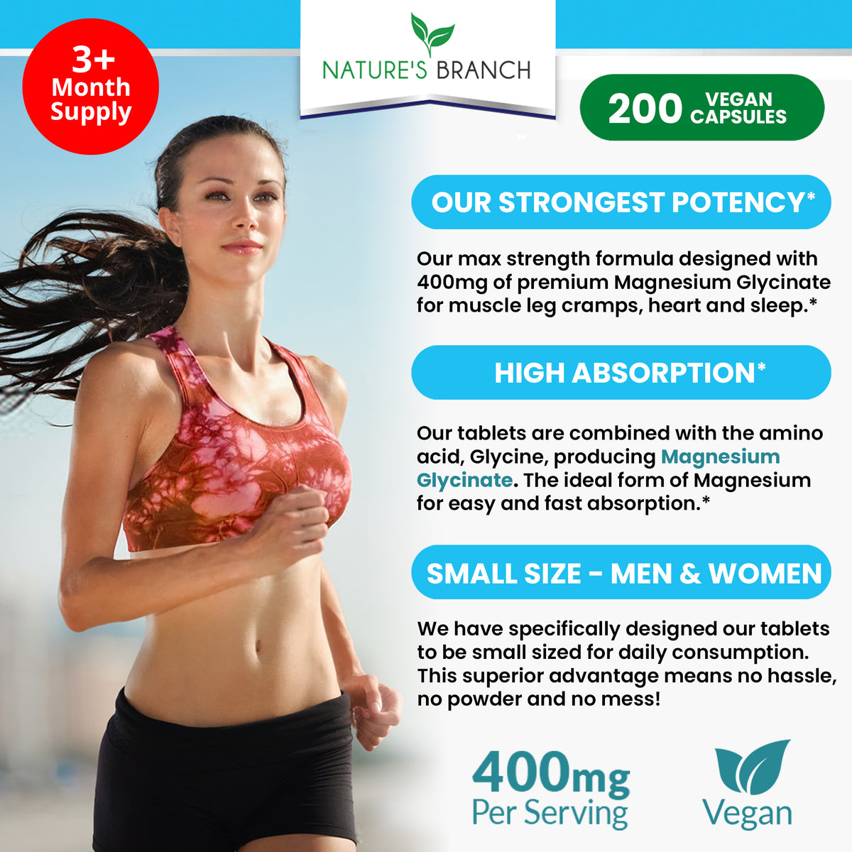 A woman running and text showing Nature&#39;s Branch Magnesium Glycinate 400mg supplement benefits
