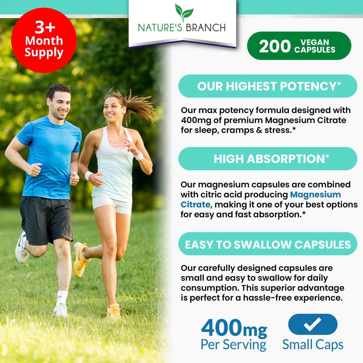 Man and woman running with details on the benefits of Nature&#39;s Branch Magnesium Citrate supplement strength and easy to swallow capsules
