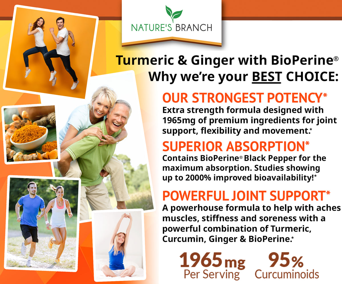 Nature&#39;s Branch Turmeric and Ginger with BioPerine benefits with people showing the strength and absorption