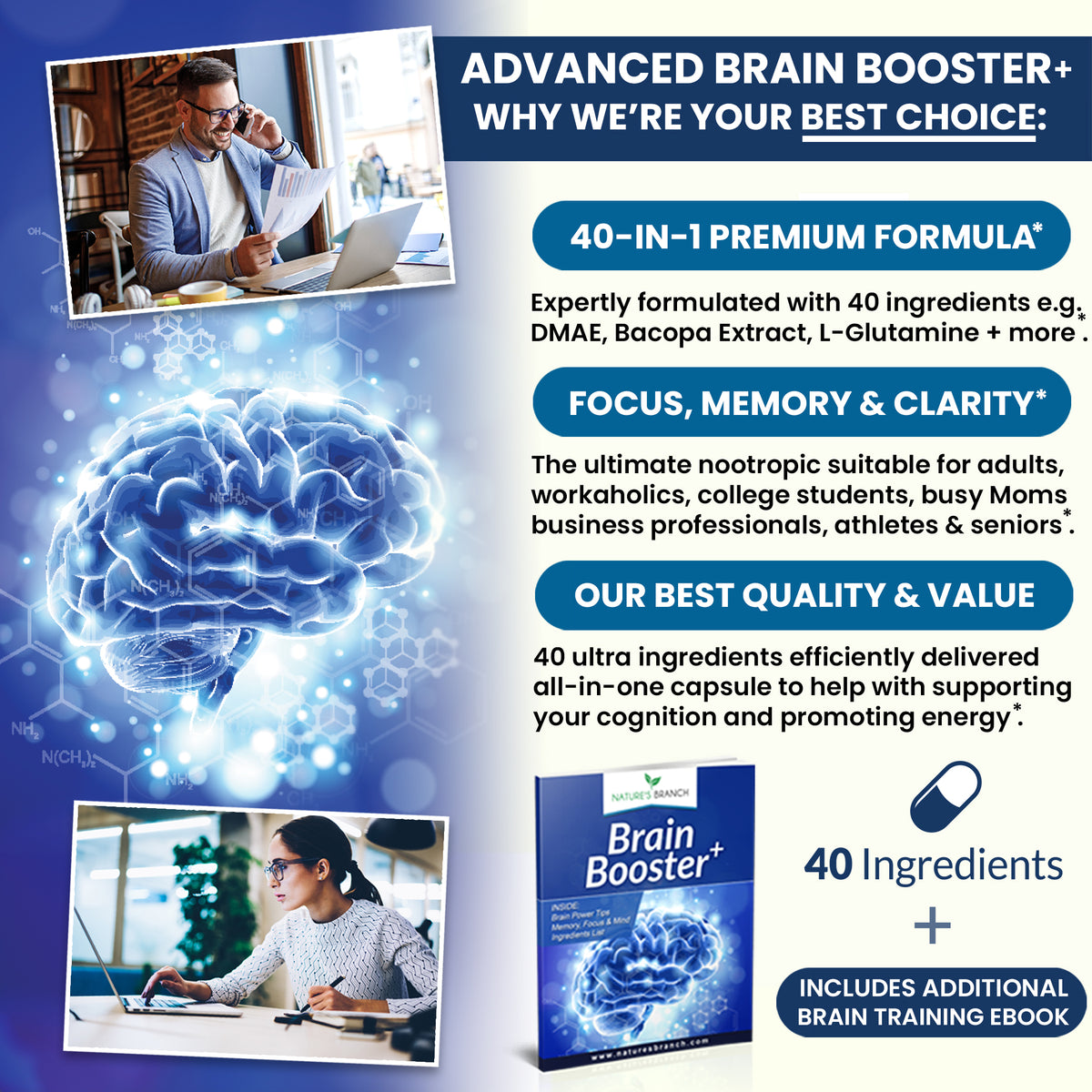 Nature&#39;s Branch Brain Booster Plus benefits and eBook with a man and women working hard at a desk