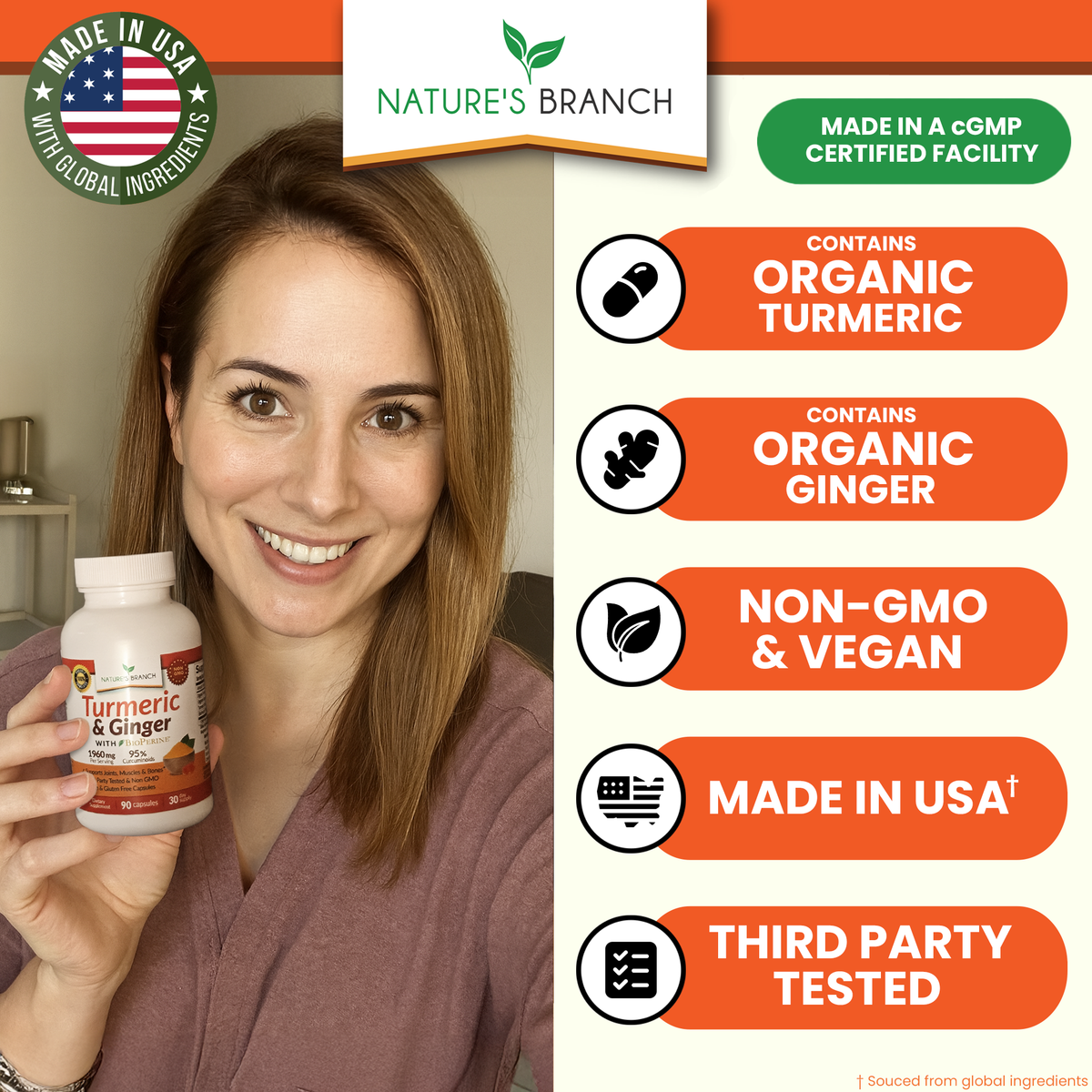 Woman holding a bottle of Nature's Branch Turmeric & Ginger supplement with product features listed on the right.