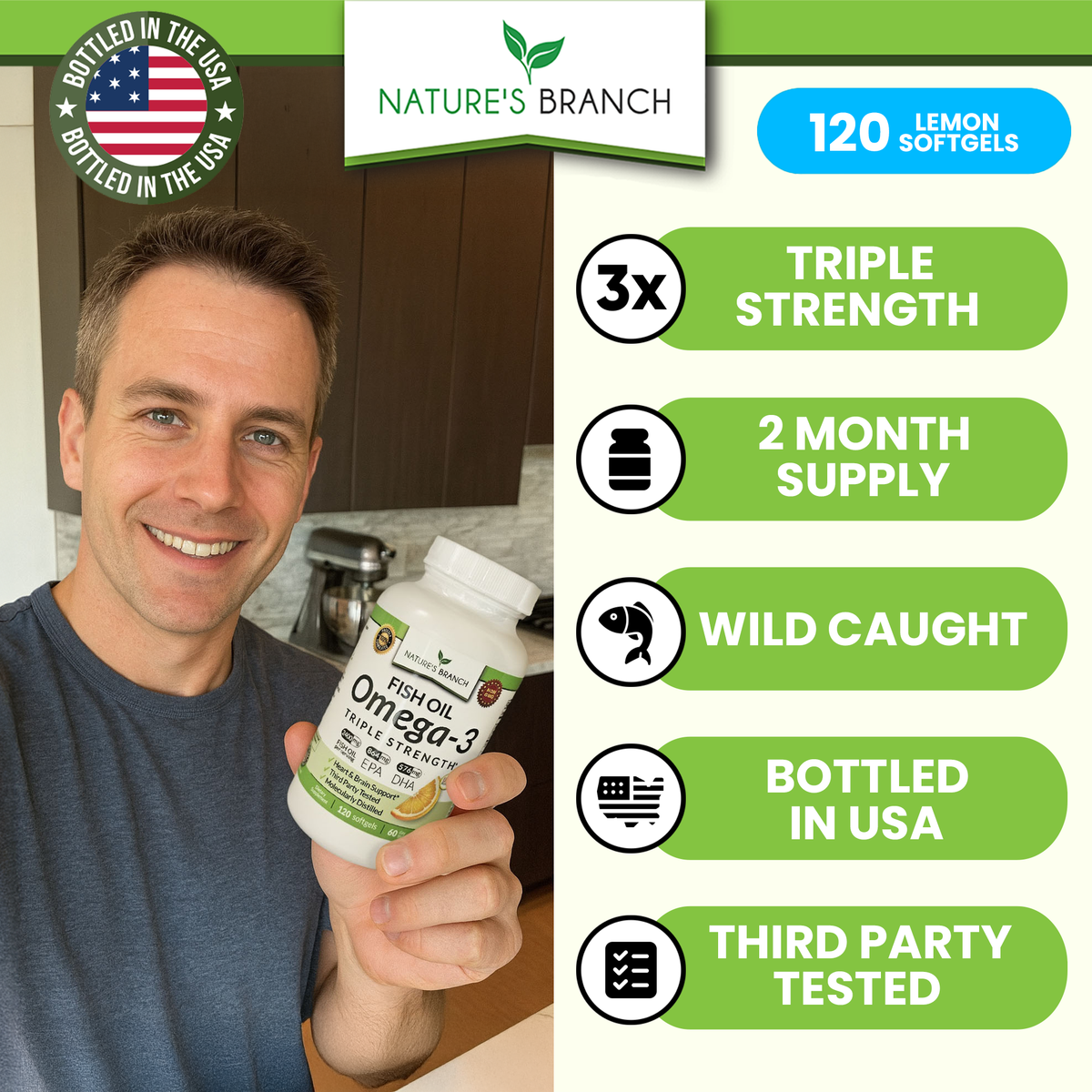 Person holding a bottle of Nature&#39;s Branch Omega-3 supplement with product features listed on the right.