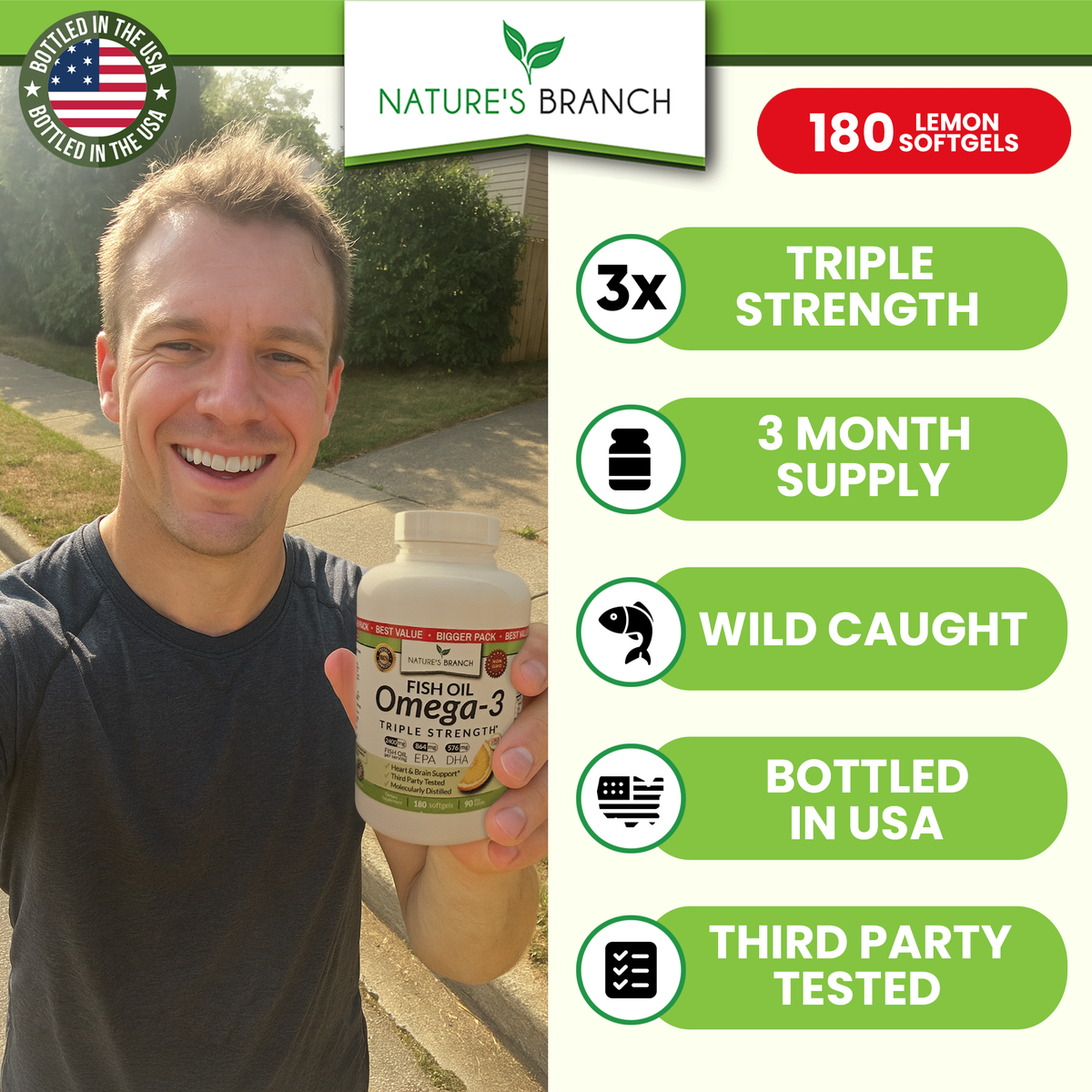 Man holding Nature&#39;s Branch Omega 3 Fish Oil bottle with benefits