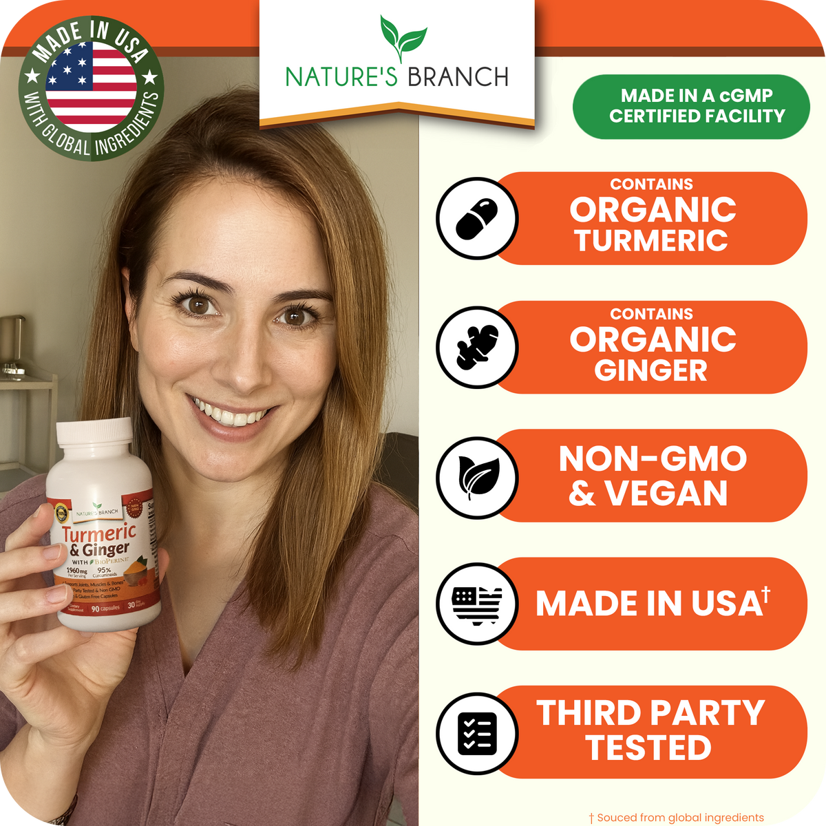 Woman holding a bottle of Nature's Branch Turmeric & Ginger supplement with product features listed on the right.