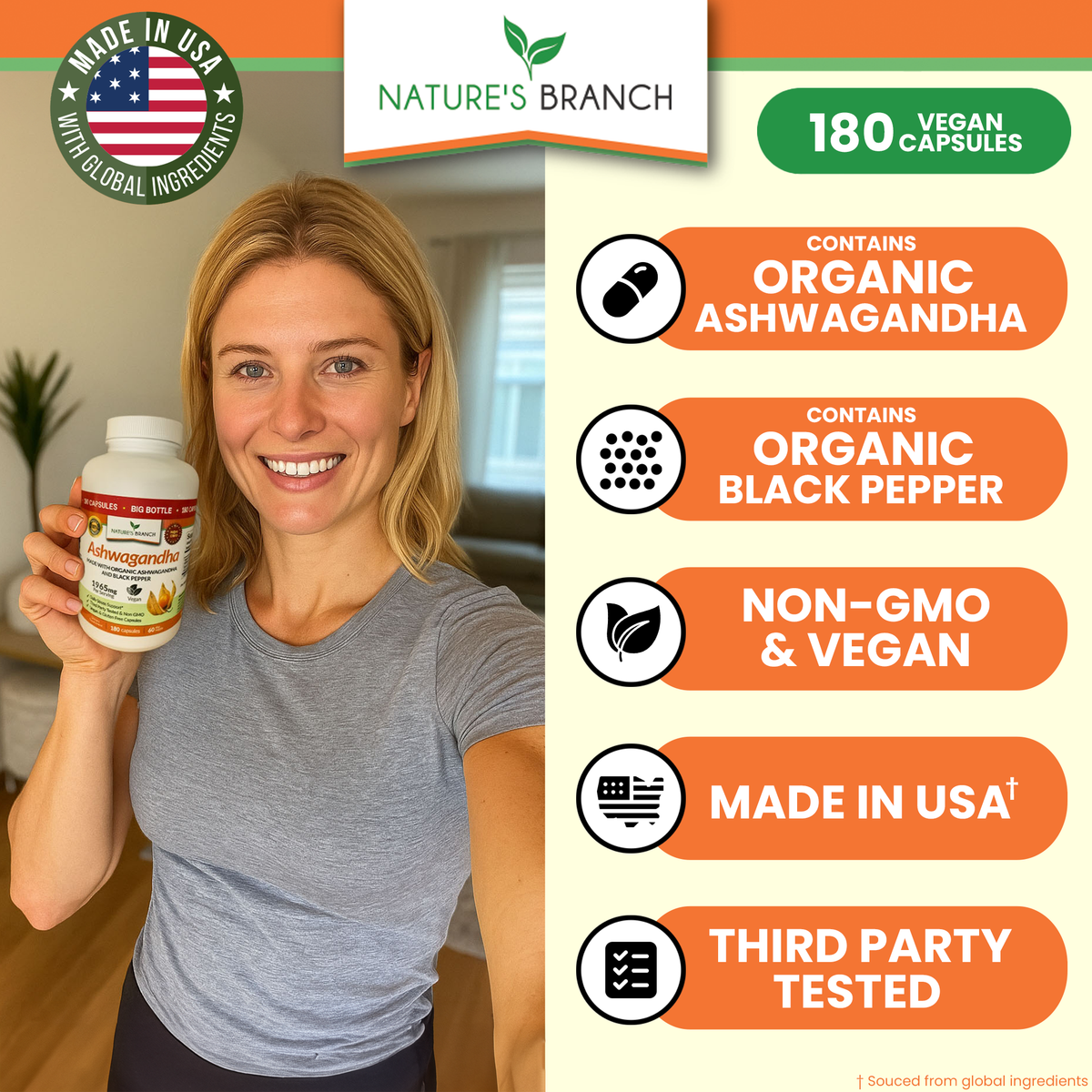 Woman holding an Ashwagandha supplement bottle with Nature&#39;s Branch branding and product details.
