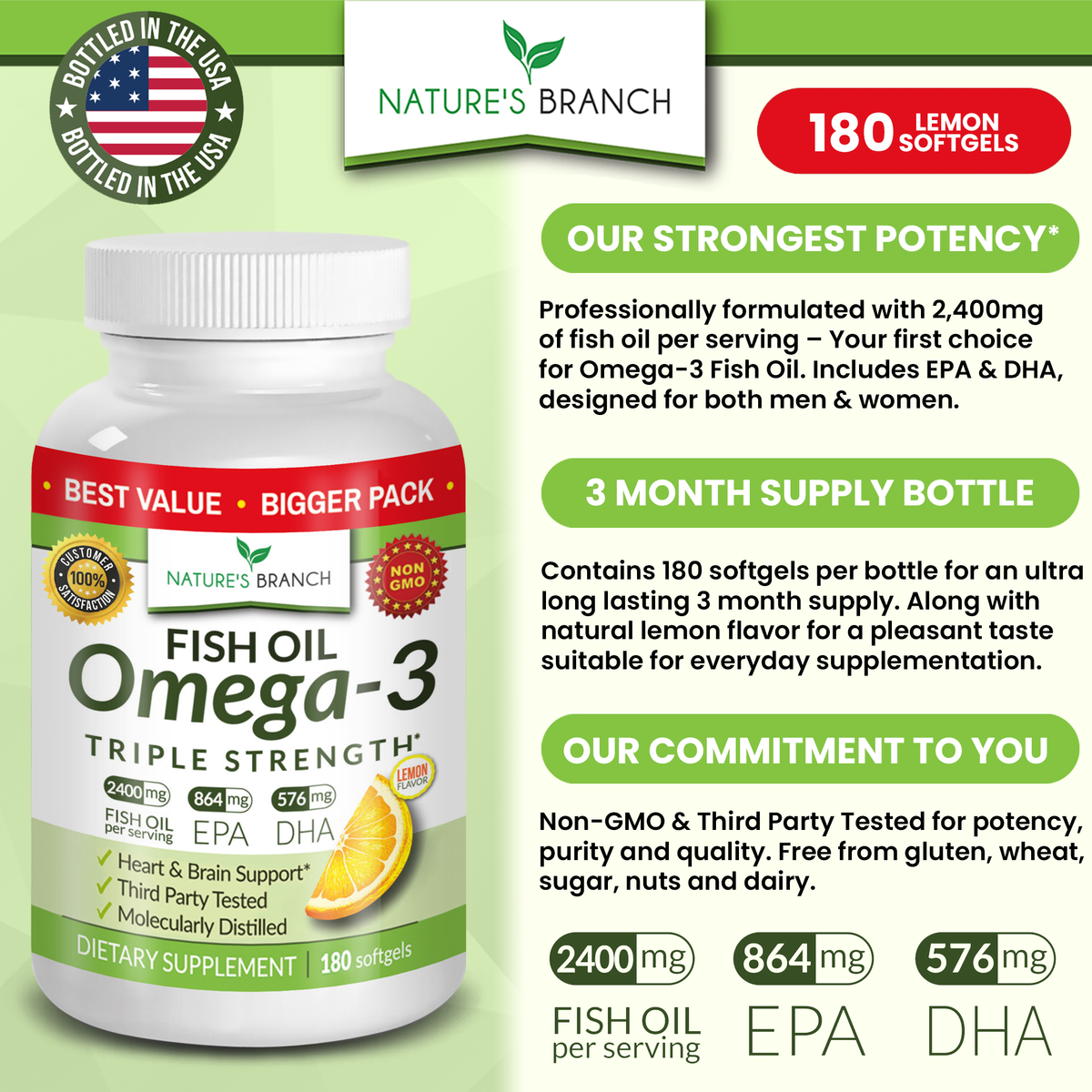 Nature&#39;s Branch Omega 3 Fish Oil 180 softgels bottles with EPA and DHA