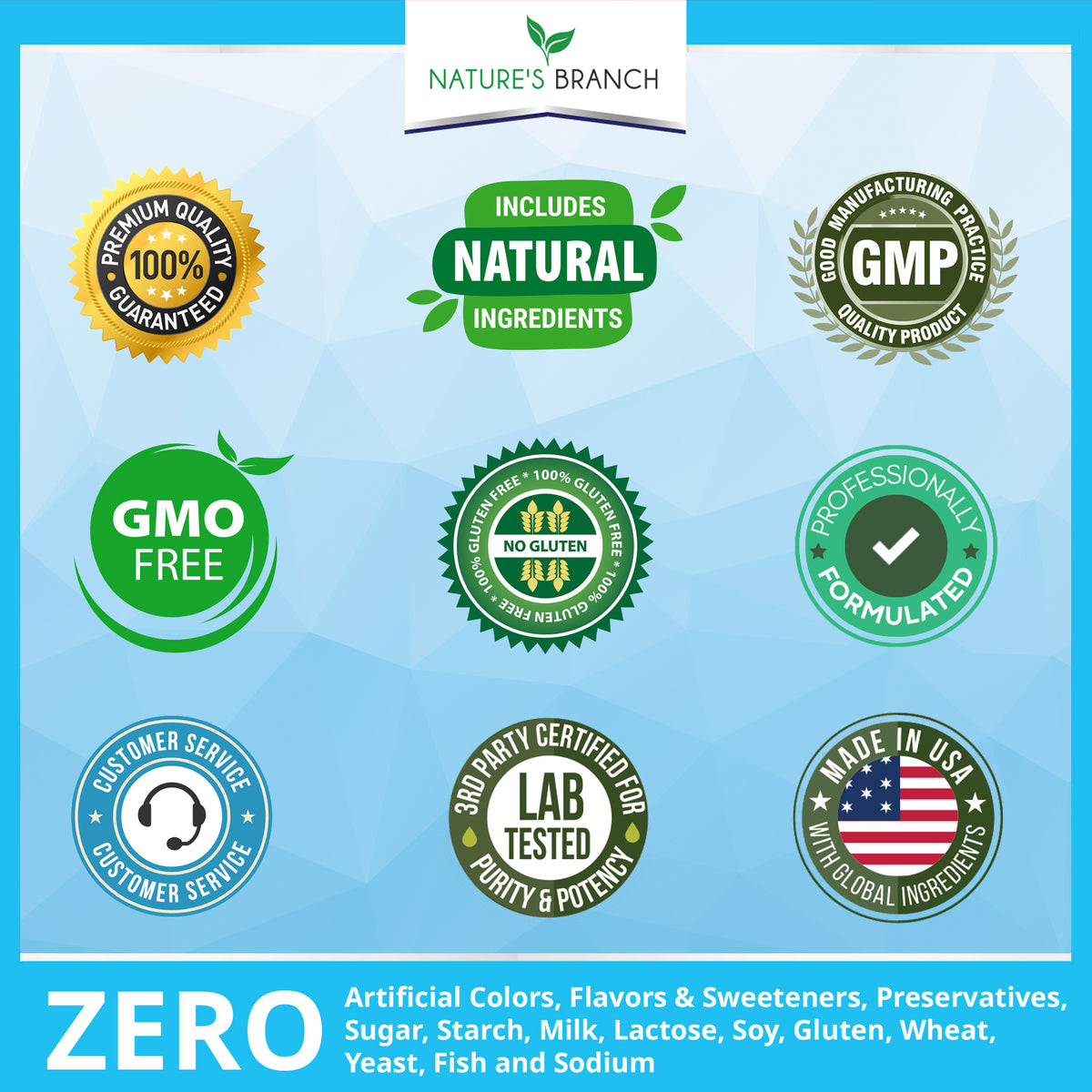 Infographic showing Nature&#39;s Branch certifications such as Made in USA and third party tested