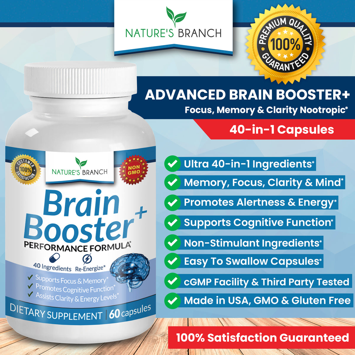 Nature&#39;s Branch Brain Booster bottle and bullet points showing the benefits