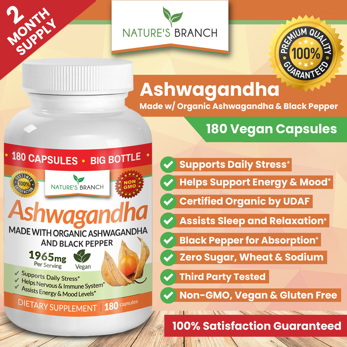 A bottle of Nature&#39;s Branch Organic Ashwagandha and Black Pepper along with the benefits of stress relief and mood support