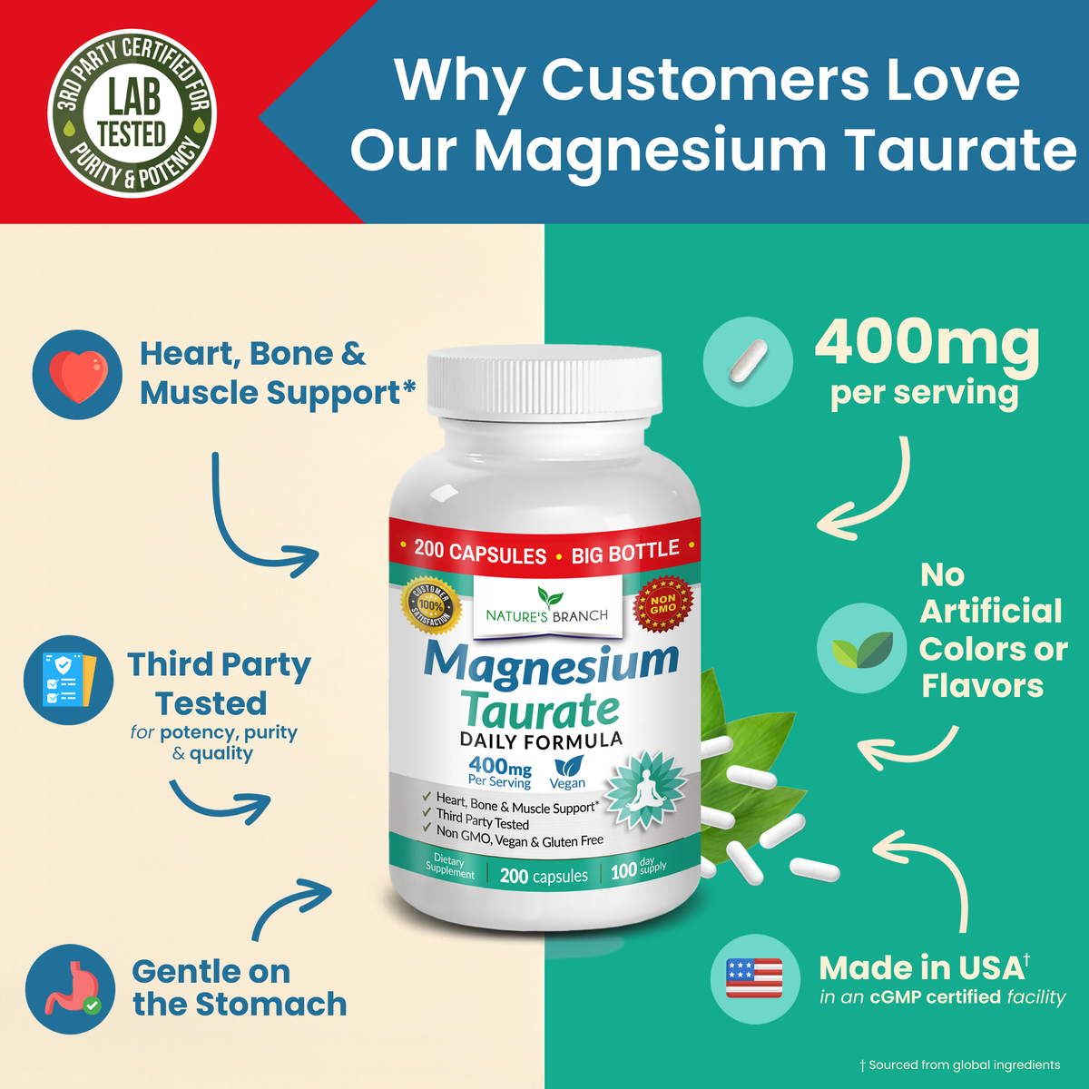 Nature's Branch Magnesium Taurate supplement bottle with product features on a colorful background