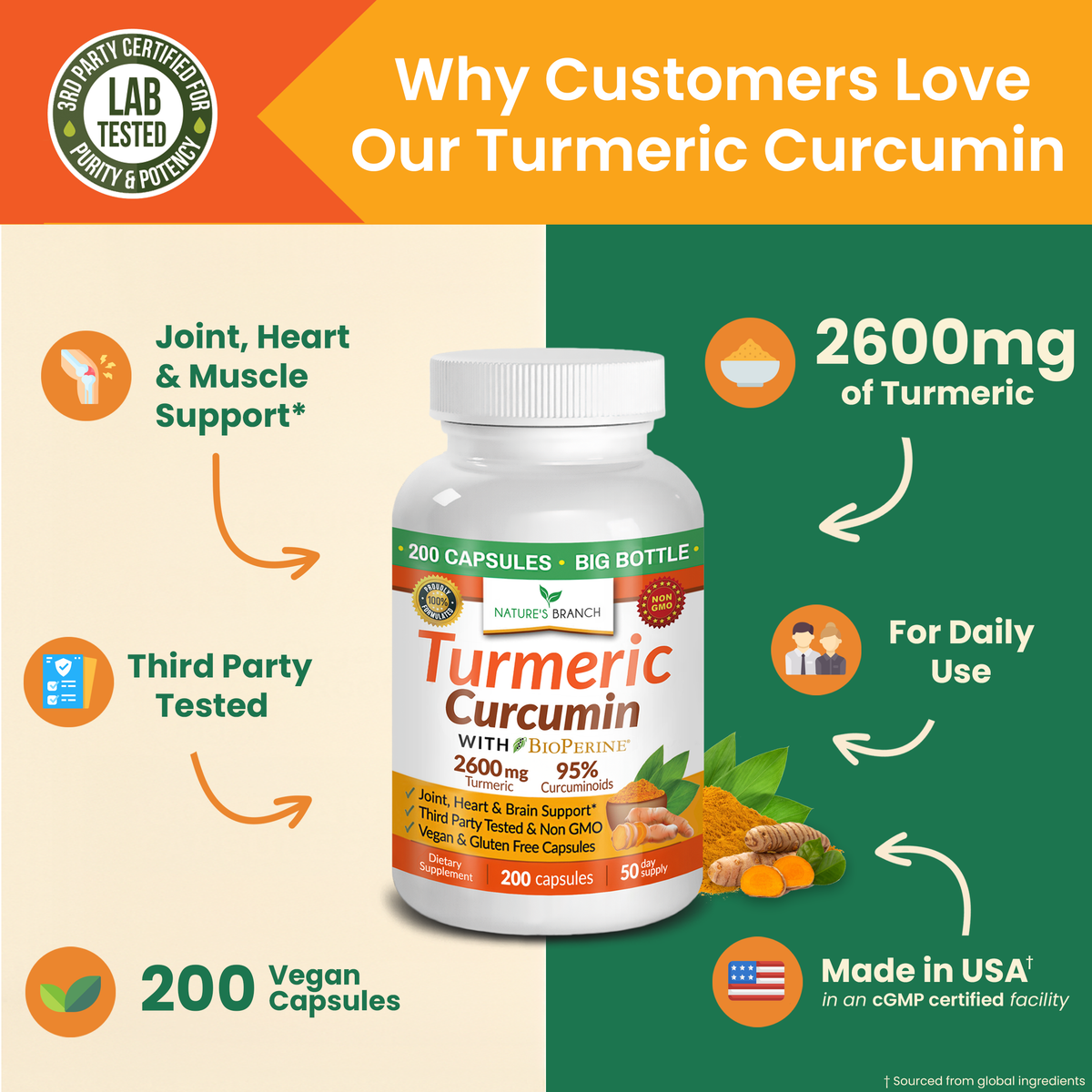 Turmeric Curcumin supplement bottle with product details on a green and beige background