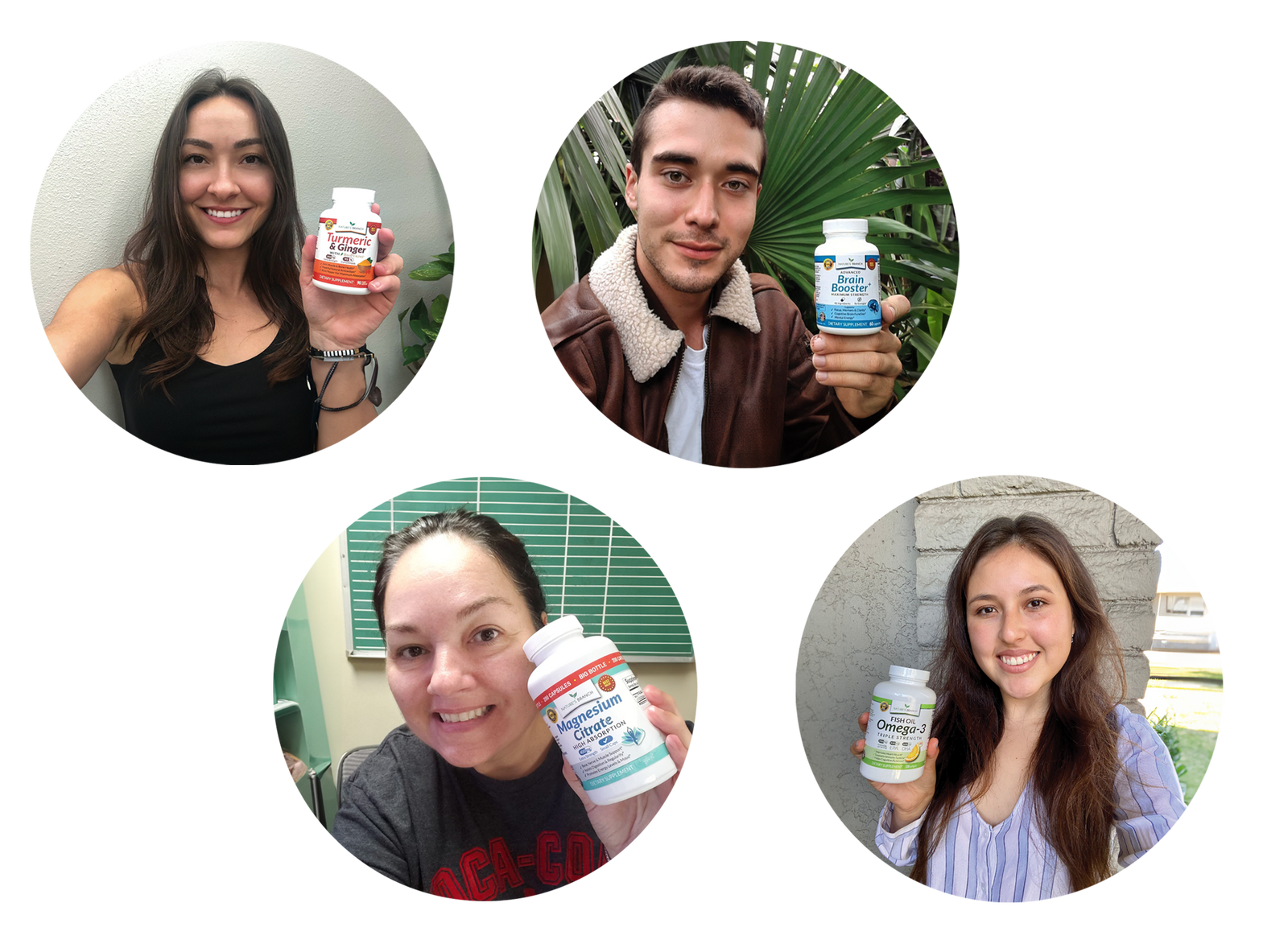 Collage of Nature's Branch customers holding different dietary supplement bottles