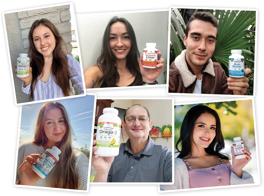 Collage of Nature's Branch customers holding different dietary supplement bottles