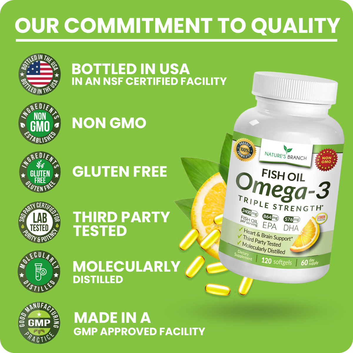 Nature&#39;s Branch Fish Oil Omega-3 supplement bottle with quality certification icons on a green background